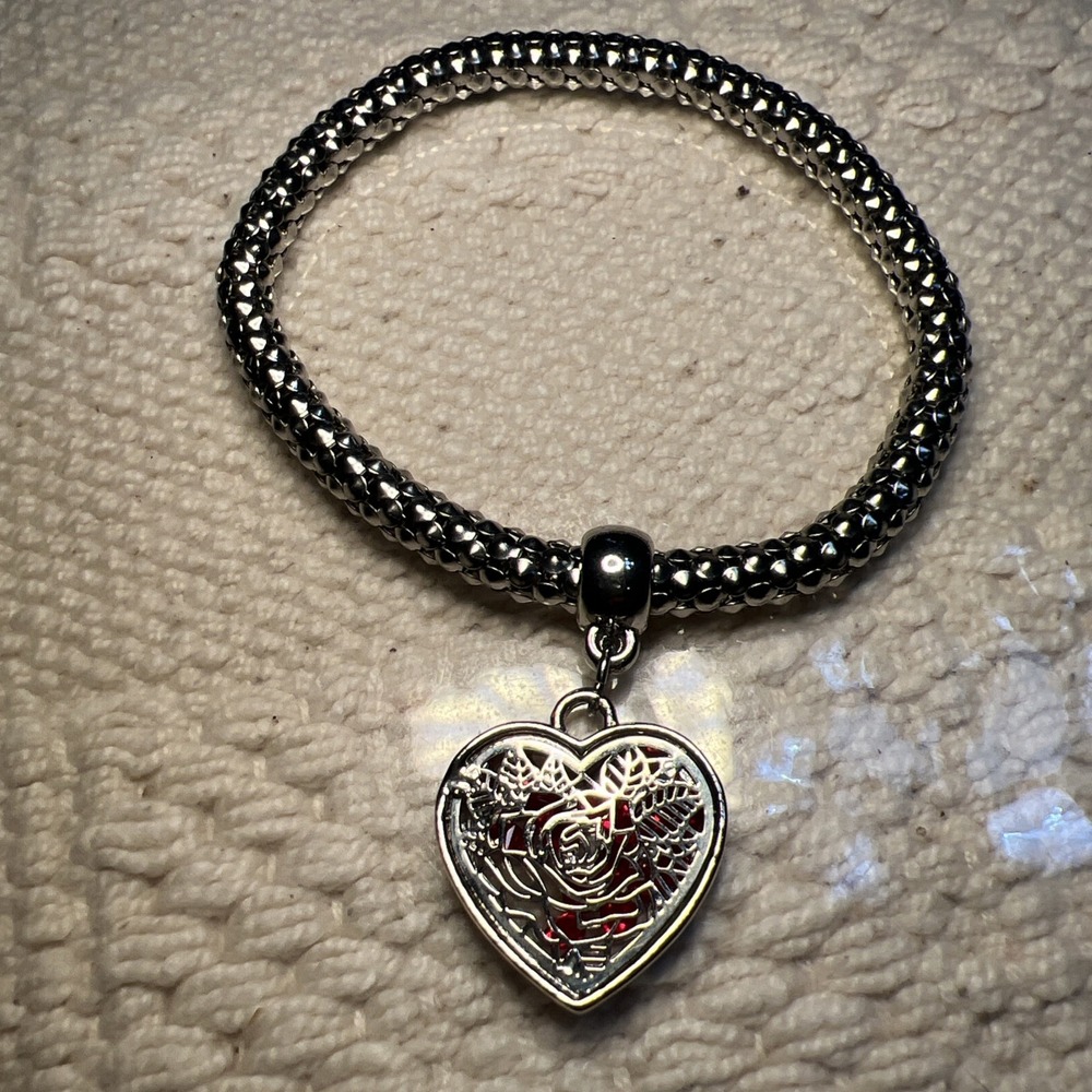 Silver rose, charm, bracelet Popcorn Chain Heart Flower rhinestone Silver Plated - Picture 3 of 10